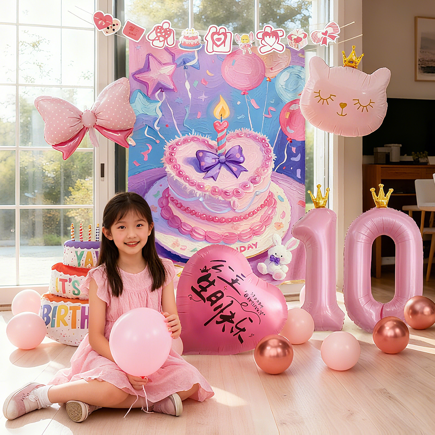 女宝宝生日快乐蛋糕挂布派对布置