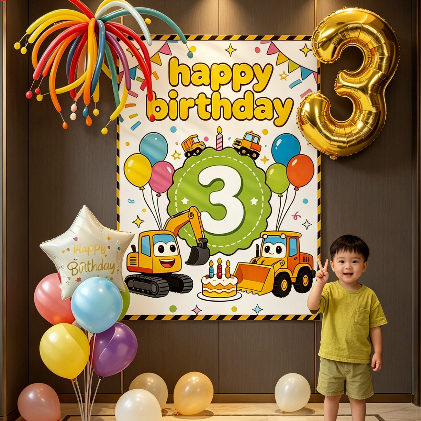 小男孩3岁生日布置场景装饰4儿童气球派对工程车挖掘机主题背景墙