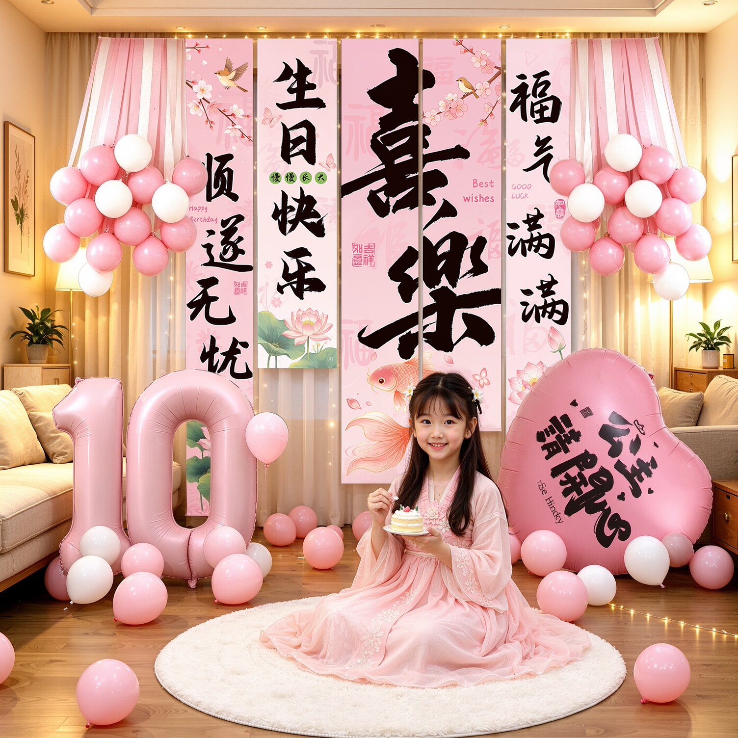 中式古风女孩10岁生日布置场景装饰气球背景布女童高级感拍照道具