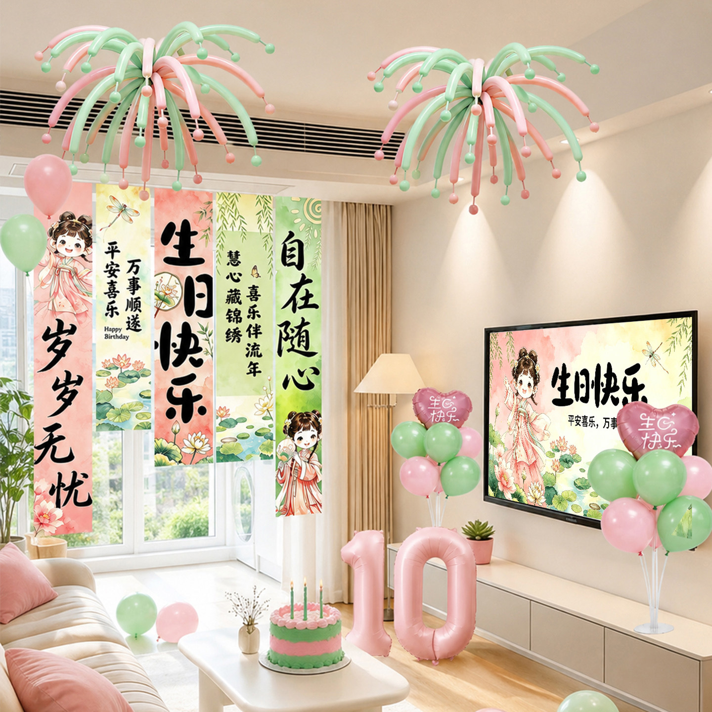 国风小女孩生日布置场景装饰男童气球家庭派对氛围感背景墙挂布