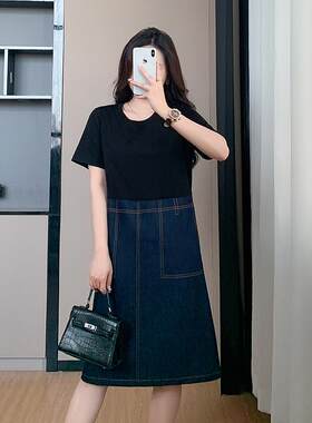 夏季大码显瘦遮肚拼接牛仔衣裙女