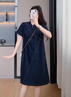 新中式立领盘扣大码牛仔连衣裙女
