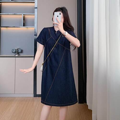 新中式立领盘扣大码牛仔连衣裙女