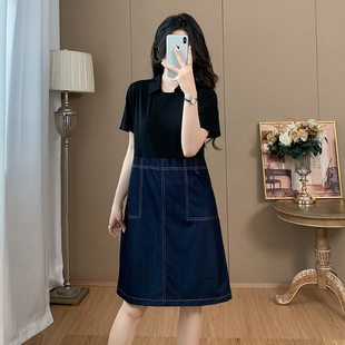 胖mm显瘦遮肚藏肉裙子拼接牛仔假两件连衣裙 大码 女装 2025夏季 新款