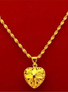 新款真金色项链女款百搭四叶草沙金吊坠金色水波链子送女友妈妈礼