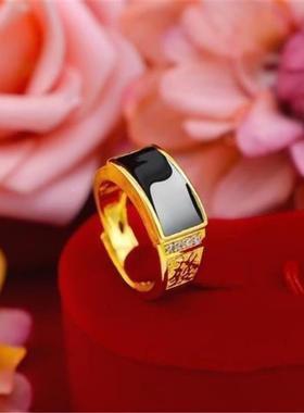 香港真金色戒指男款和田玉镶嵌绿宝石霸气沙金指环可调节时尚百搭