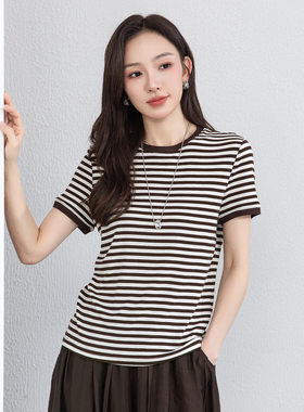 品牌JRU复古细条纹圆领短袖T恤女