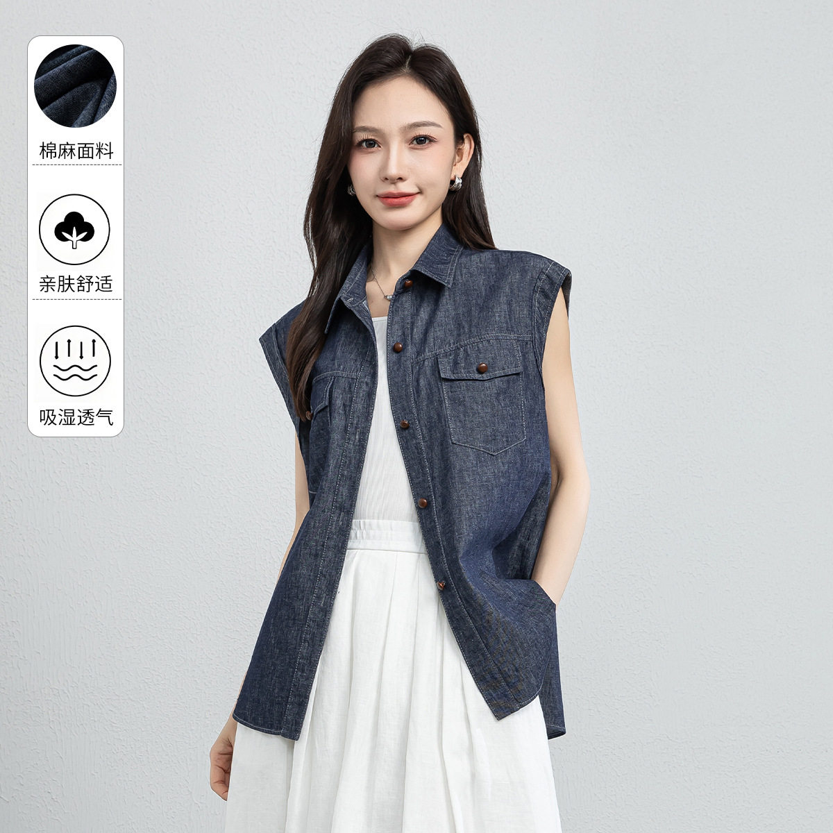 品牌棉麻衬衫背心2026夏气质宽松无袖牛仔衬衣上衣女简约亚麻翻领