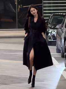 蓝黑色风衣外套女中长款2026春秋新款韩版休闲气质收腰小个子大衣