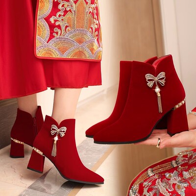 冬季婚鞋女2023新款红色高跟粗跟秀禾婚纱两穿新娘鞋结婚靴子冬天