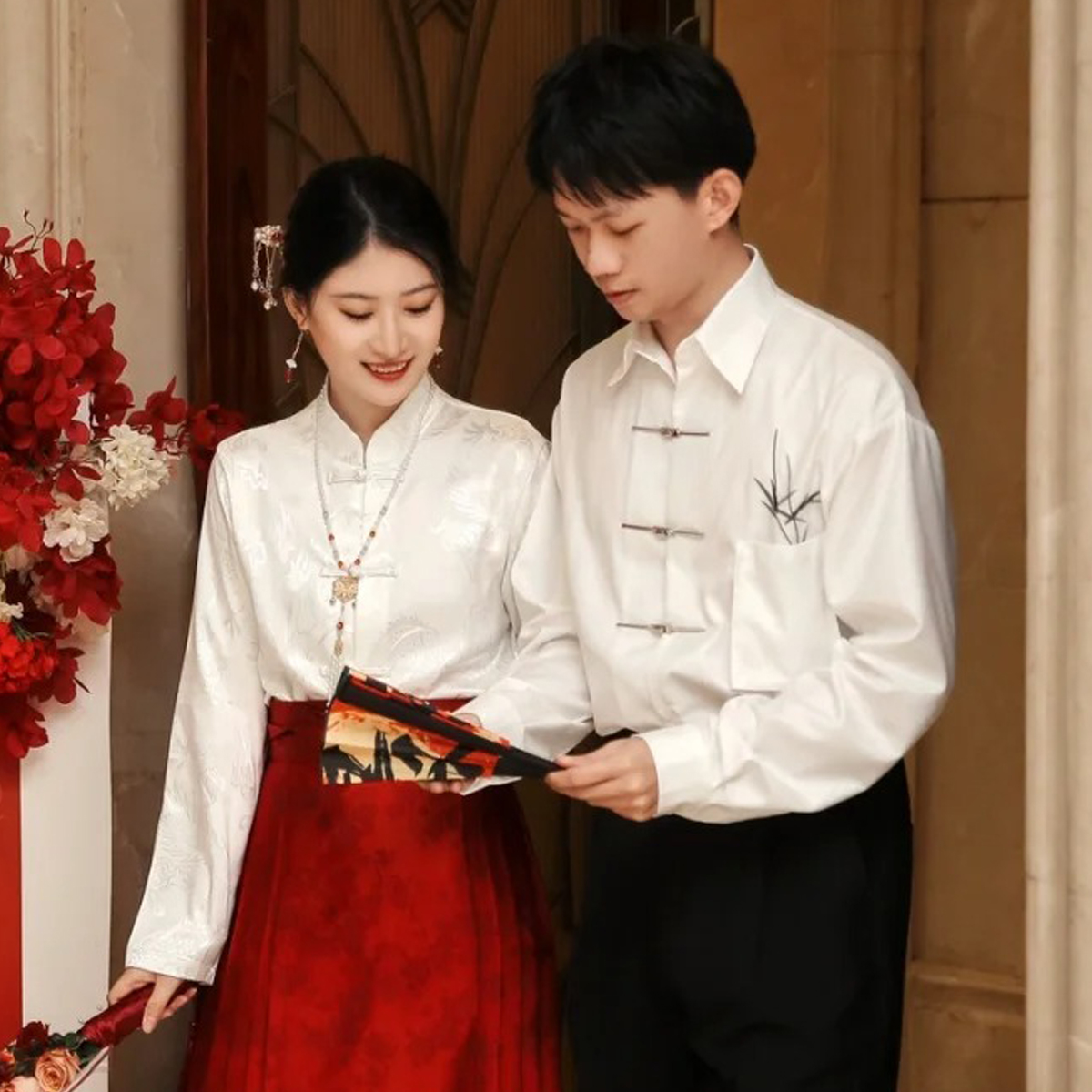 欢喜橙【轩墨】订婚男装夏季短袖衬衫新中式翠竹刺绣宽松黑色衬衣