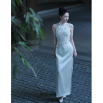 新中式晨袍女新娘婚礼晨拍礼服气质旗袍白色领证登记修身连衣裙女