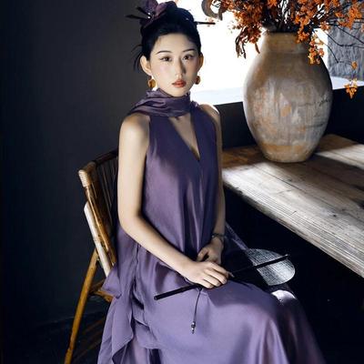紫色新中式晨袍太有韵味了