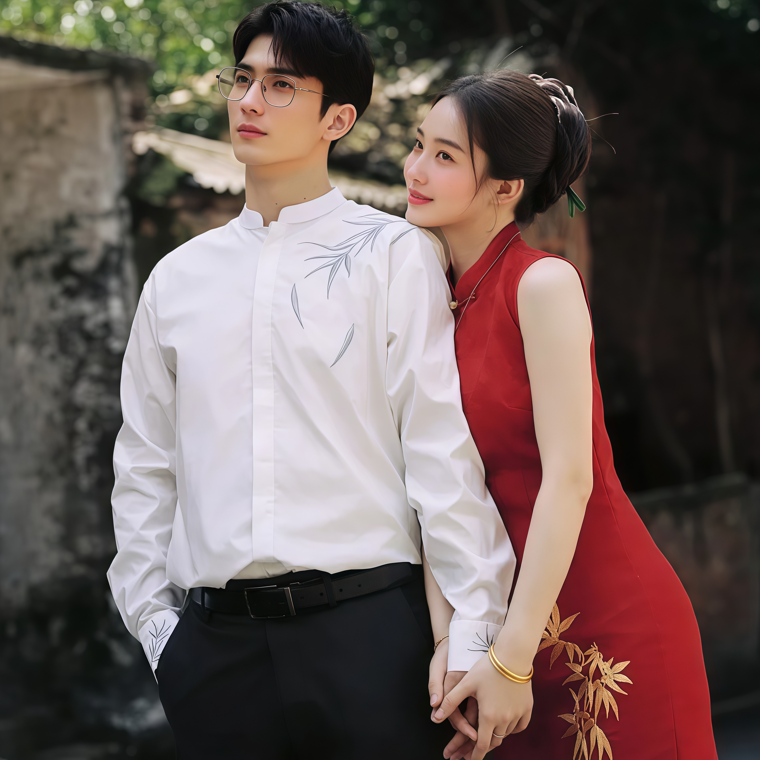 欢喜橙 竹叶刺绣立领男士中国风订婚新郎结婚白色打底衫衬衫套装