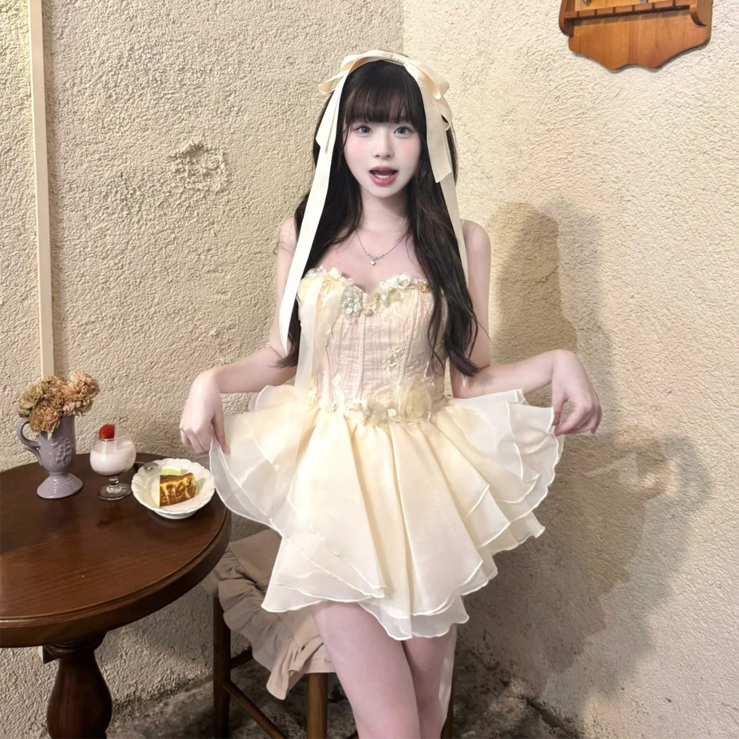 欢喜橙/生日party甜美小礼裙立体花朵千金裙蓬蓬裙抹胸纯欲吊带裙