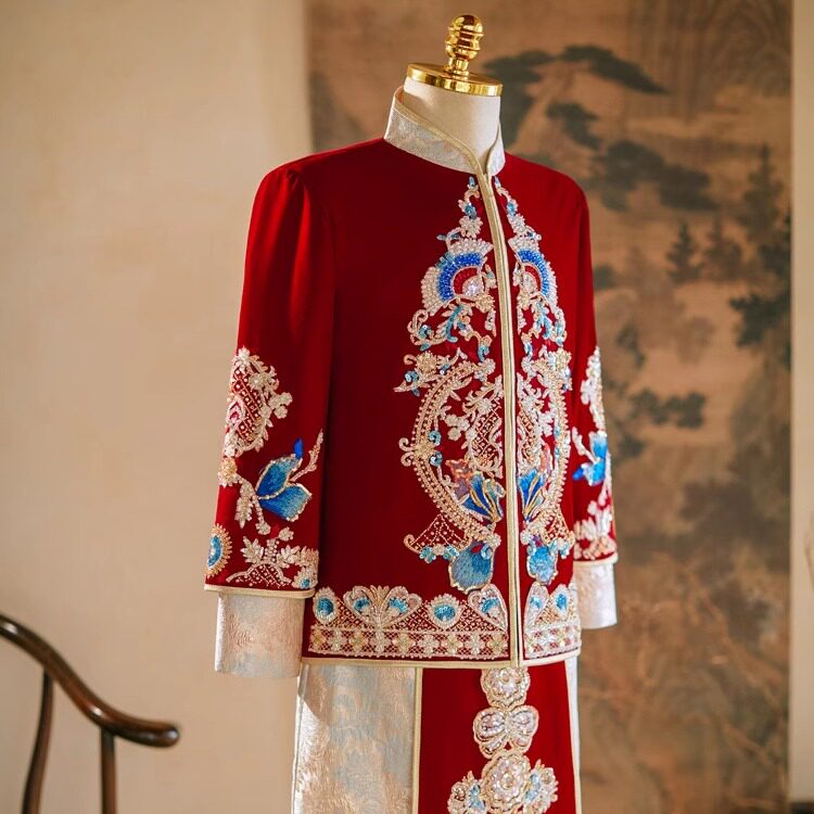 欢喜橙 男士秀禾服中式新郎结婚敬酒礼服龙凤褂唐装秀和服中国风