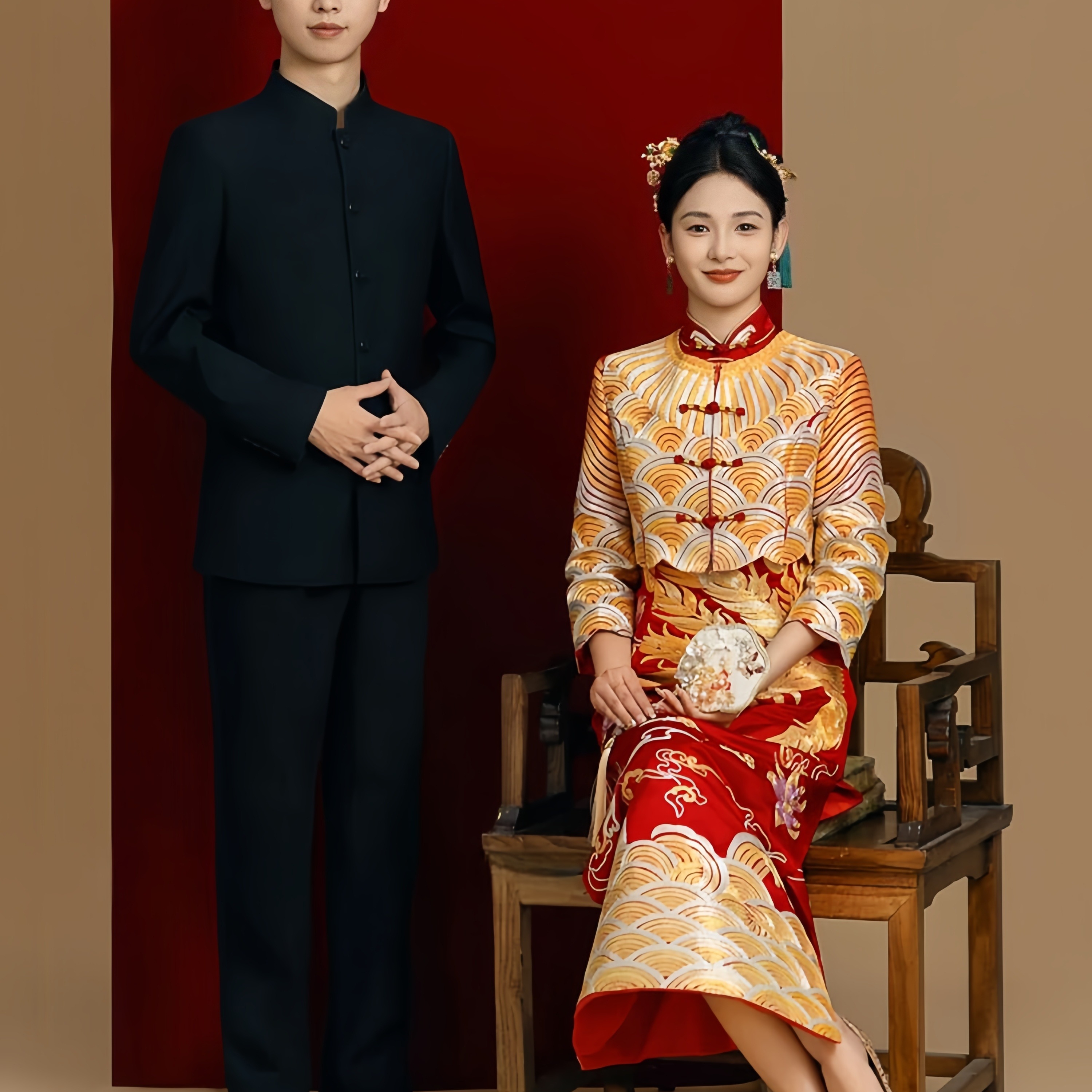 新中式西装青年西服套装中山装立领新郎婚礼服结婚中国风潮男士