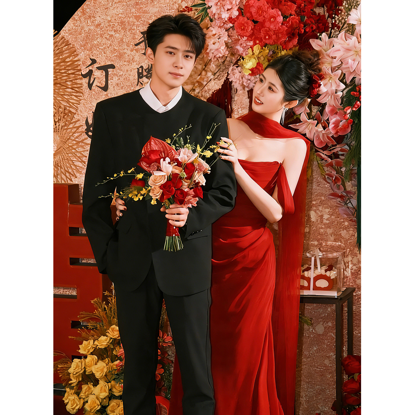 欢喜橙/新中式高级感西装外套男圆领西服宽松新郎结婚订婚礼套装