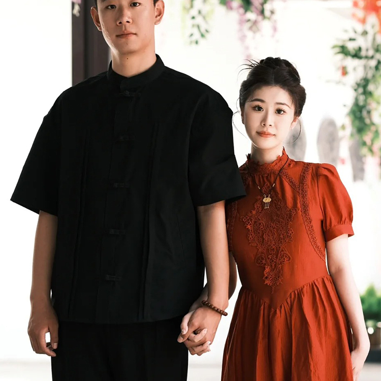 欢喜橙【玄逸】夏季男士半袖衬衫新中式订婚结婚新郎衬衣外套正装