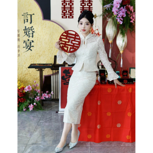 领证登记宴会旗袍端庄香槟色套装 冬季 敬酒服 订婚礼服女新款 新中式