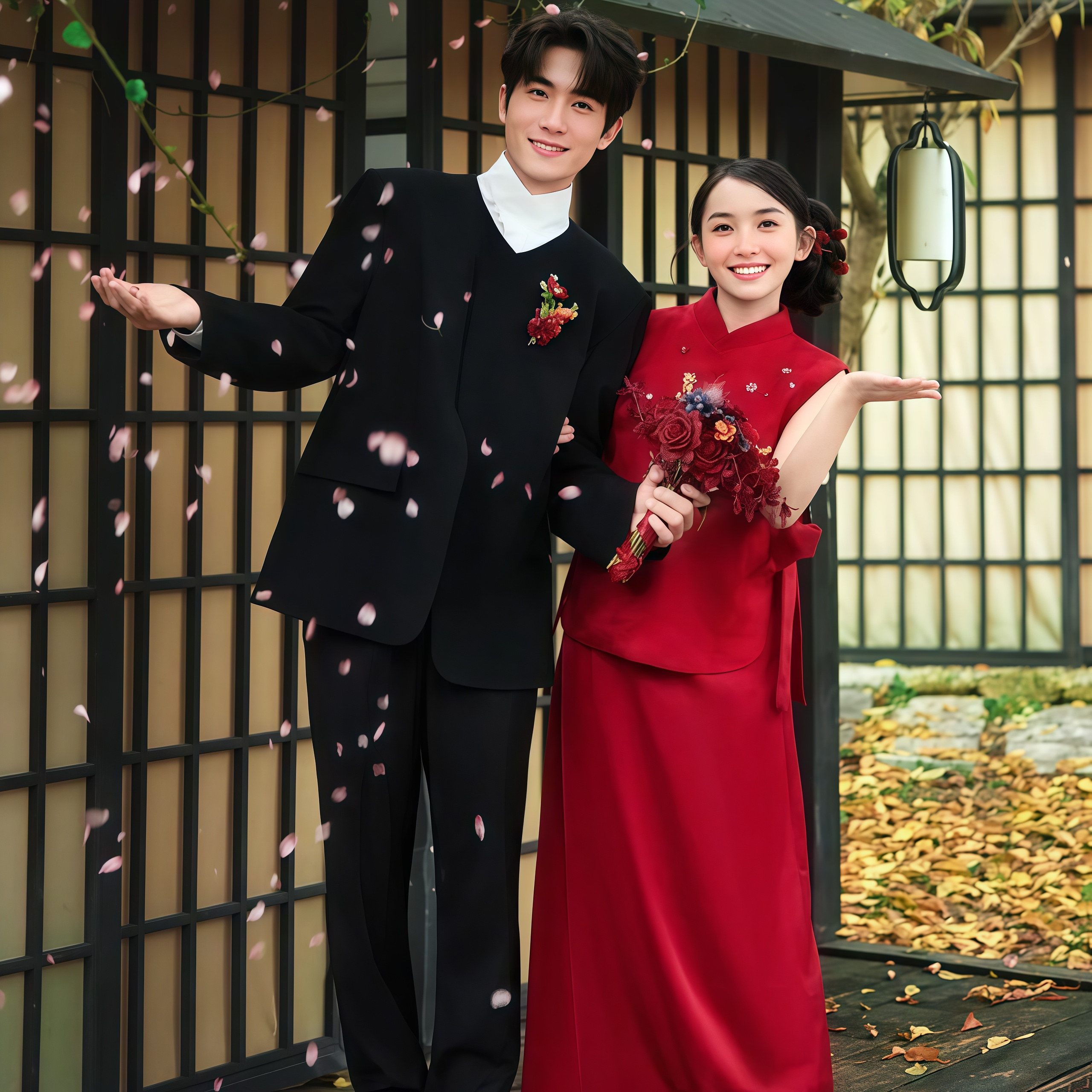 欢喜橙 新中式垫肩圆领休闲宽松高级感西服外套订婚结婚礼服套装