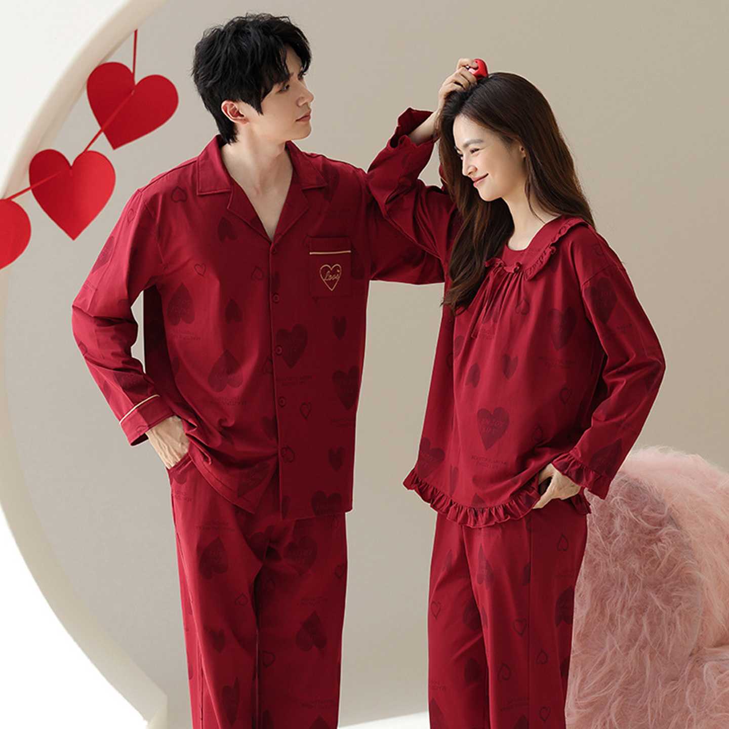 欢喜橙/情侣结婚睡衣秋季纯棉长袖本命年家居服男女士大码睡衣秋