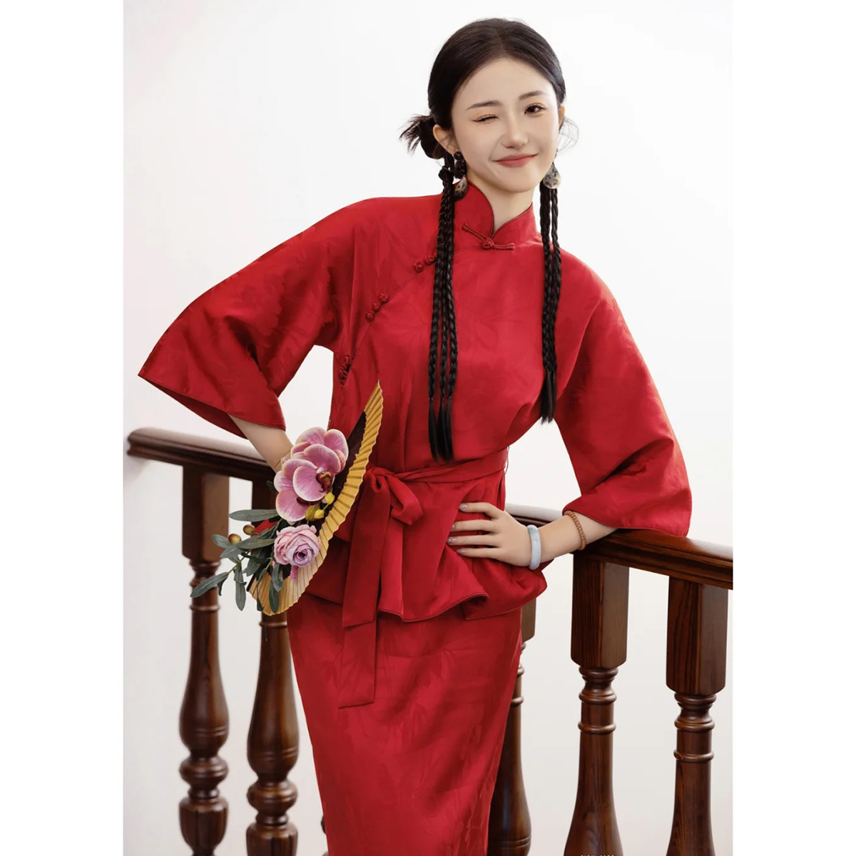 新中式改良旗袍新娘晨袍红色晨拍敬酒服订婚礼服回门宴出阁服套装
