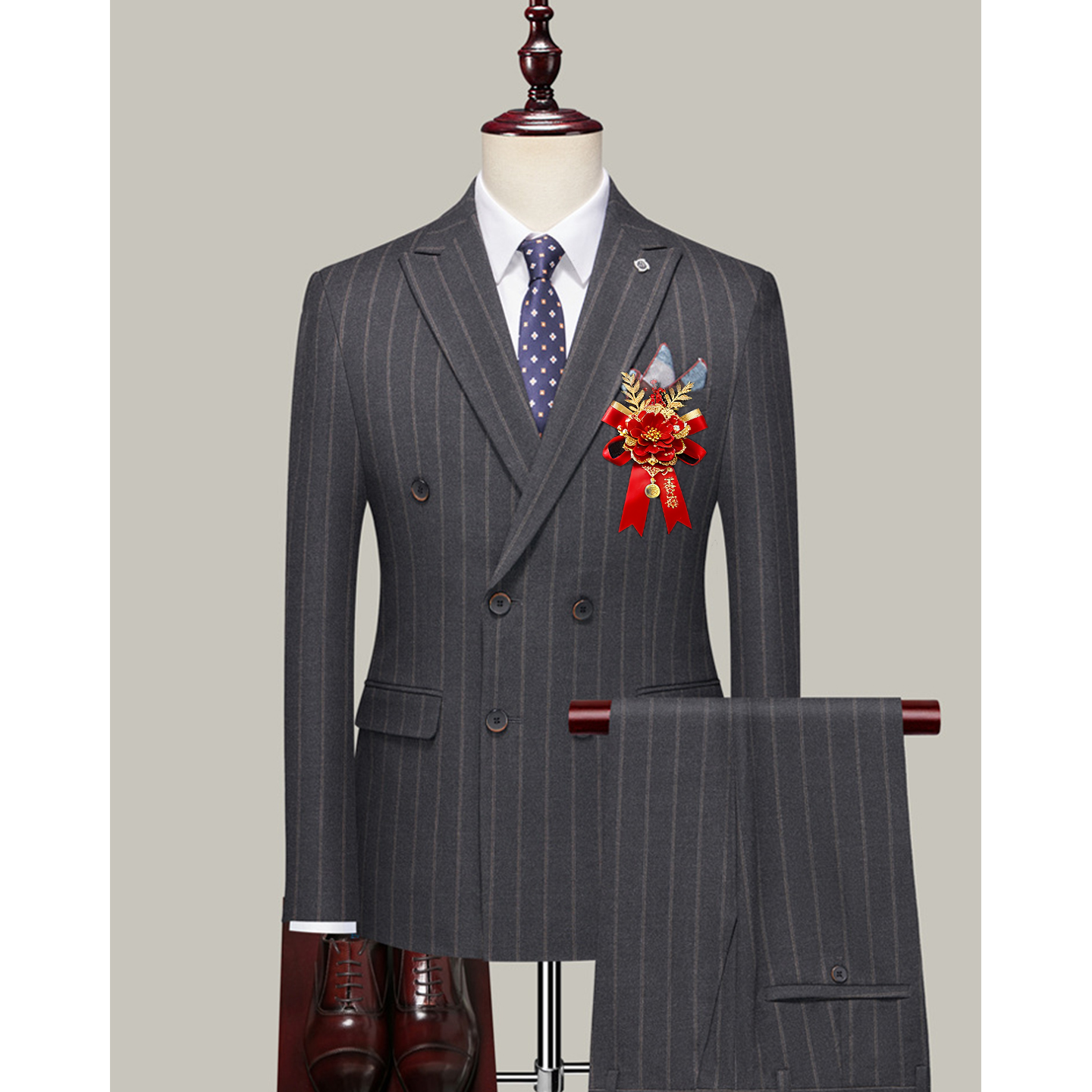 欢喜橙/西装男士套装新郎结婚主持人韩版修身双排扣西服正装礼服