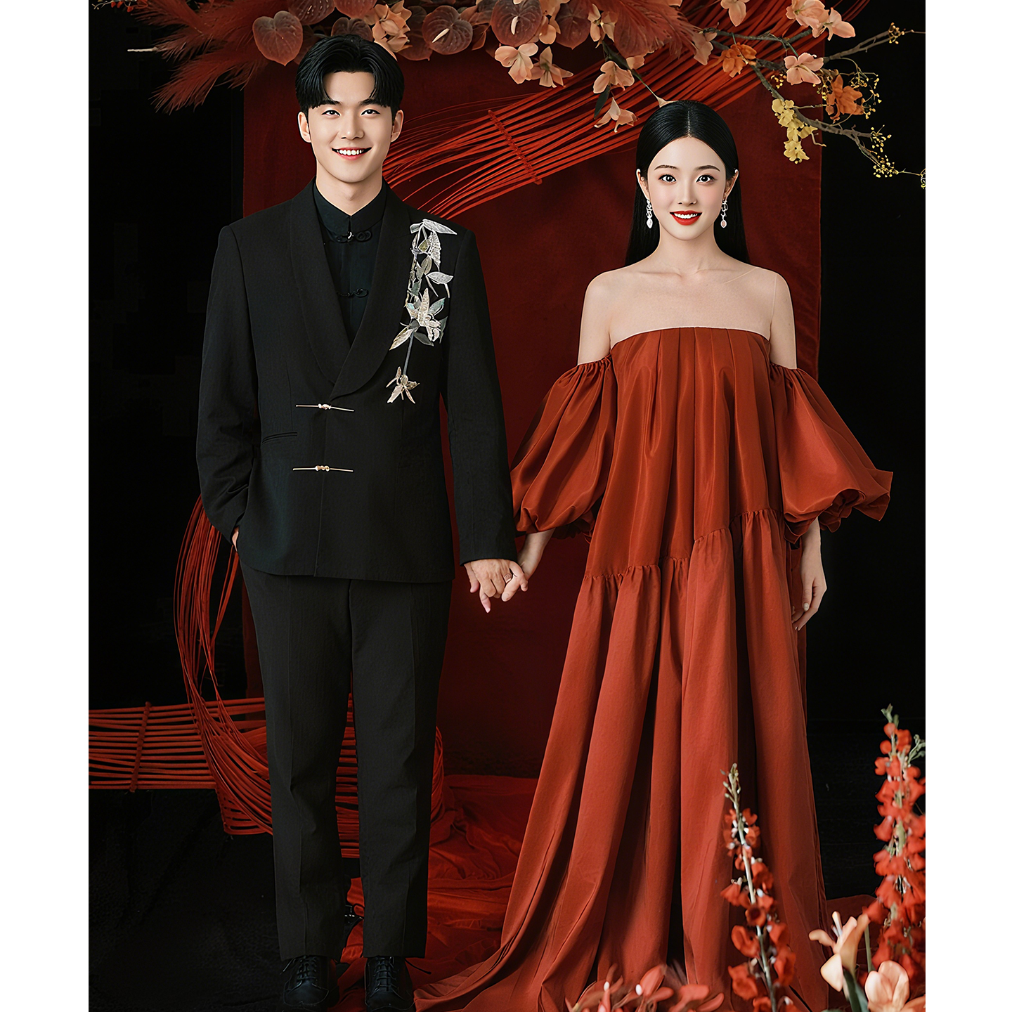 欢喜橙/男士订婚西装高级感青果领中式国风高定西服结婚套装礼服
