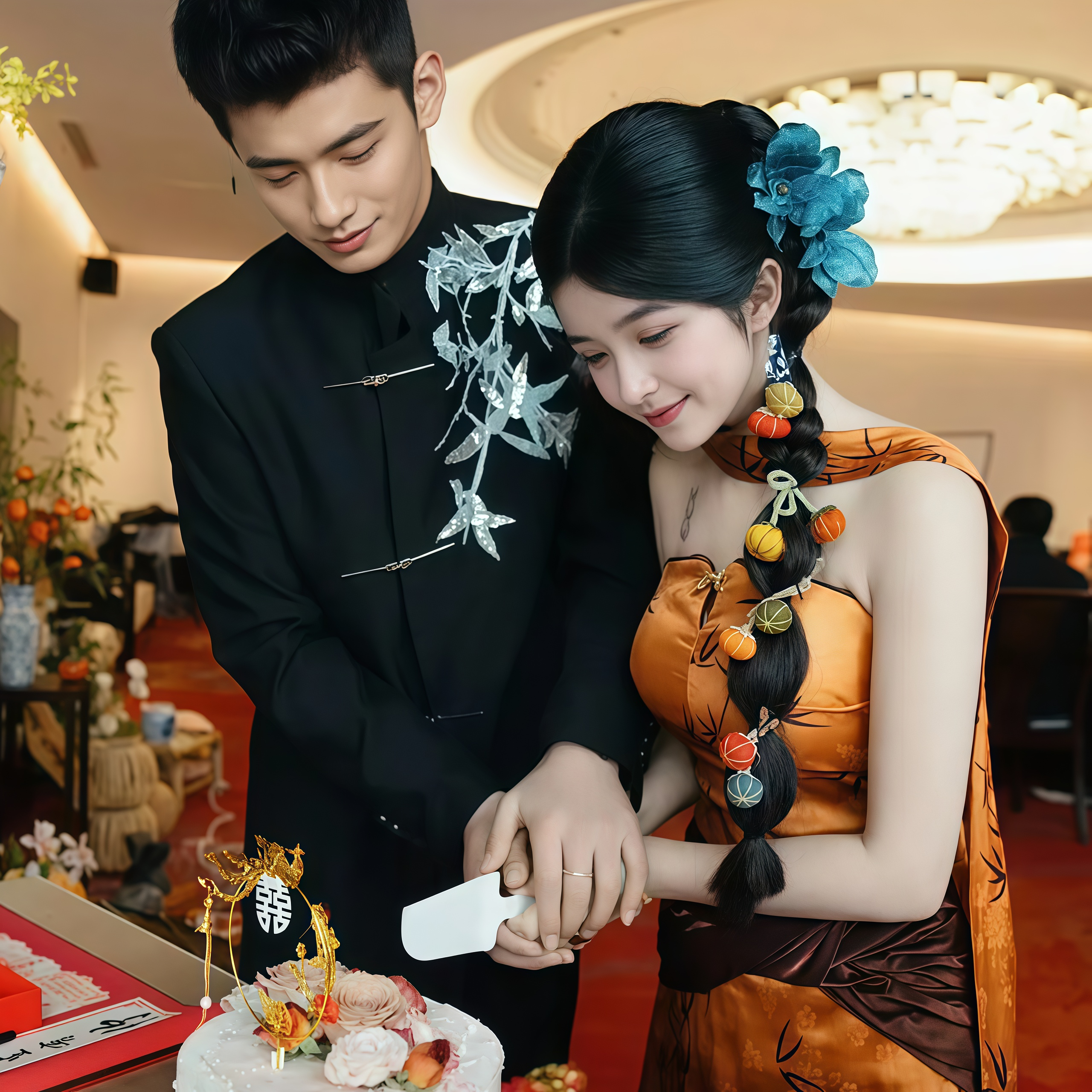 欢喜橙 新郎中山装新款男士结婚礼服中式订婚接亲服黑色套装修身