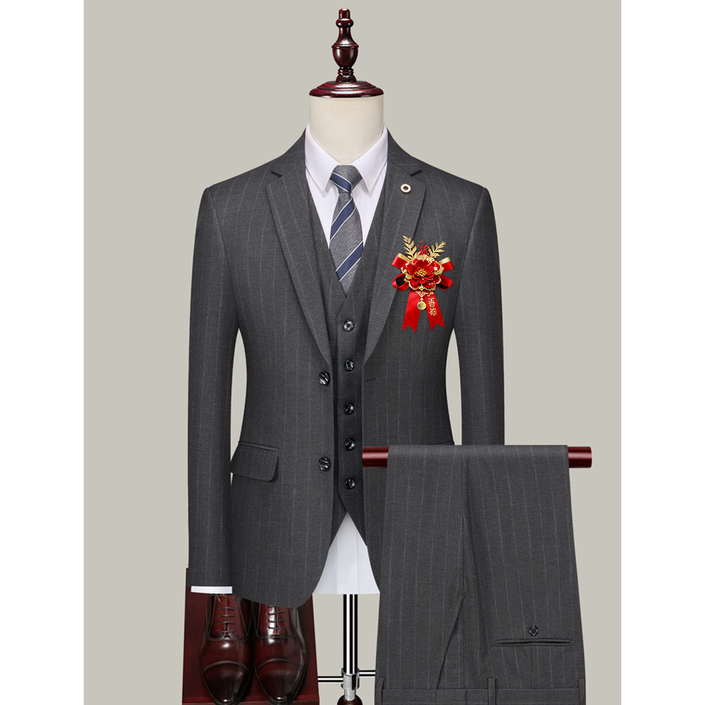 欢喜橙/西服套装男三件套修身西装职业正装伴郎服装新郎结婚礼服