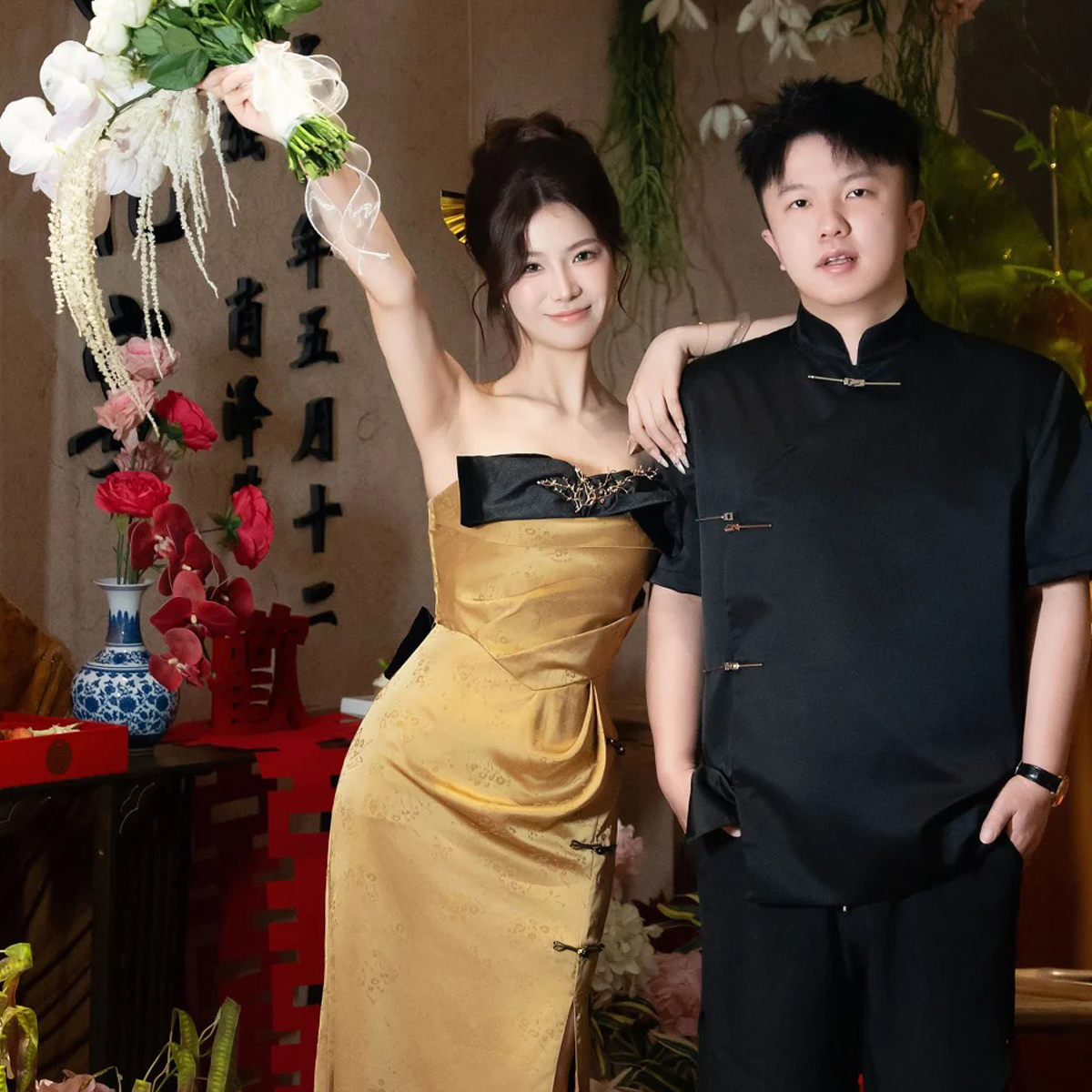 欢喜橙【玄锋】订婚男装痞帅立领衬衫黑短袖夏季登记领证垫肩西装