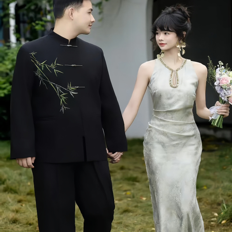 新中式国风男装立领竹子刺绣西装外套订婚宴登记领证中山装西服