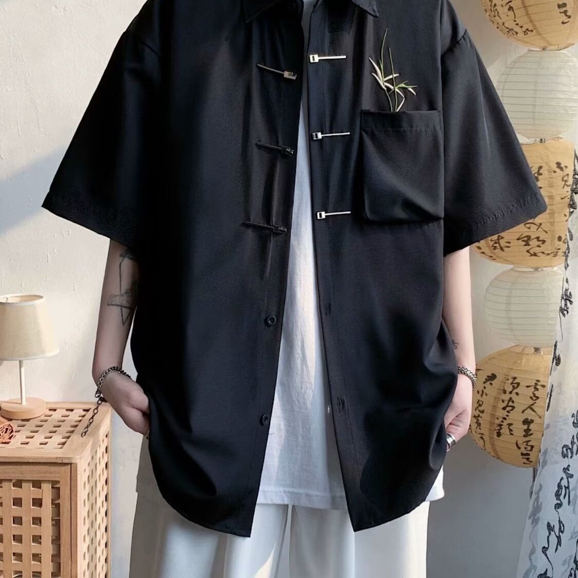 欢喜橙【修竹】新中式翠竹刺绣短袖衬衫金属扣痞帅订婚男衬衣夏季