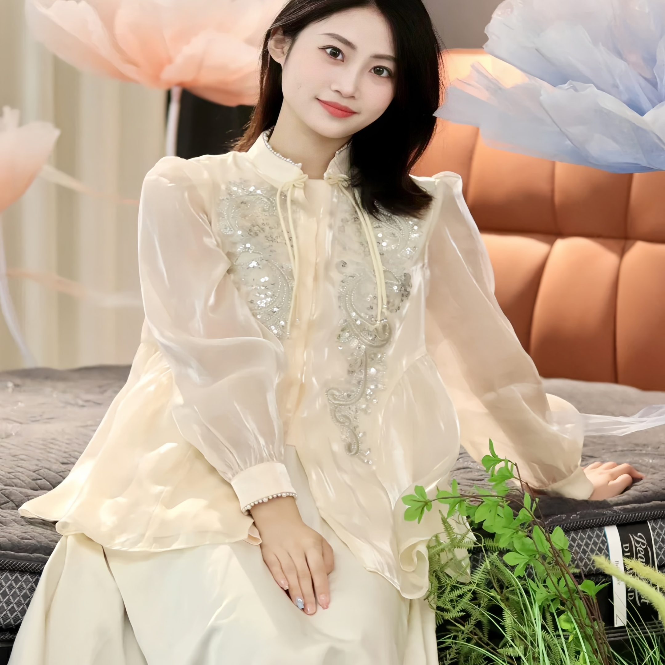 新中式女装国风雪纺衫高级感蕾丝刺绣盘扣伴娘服订婚服200斤可穿