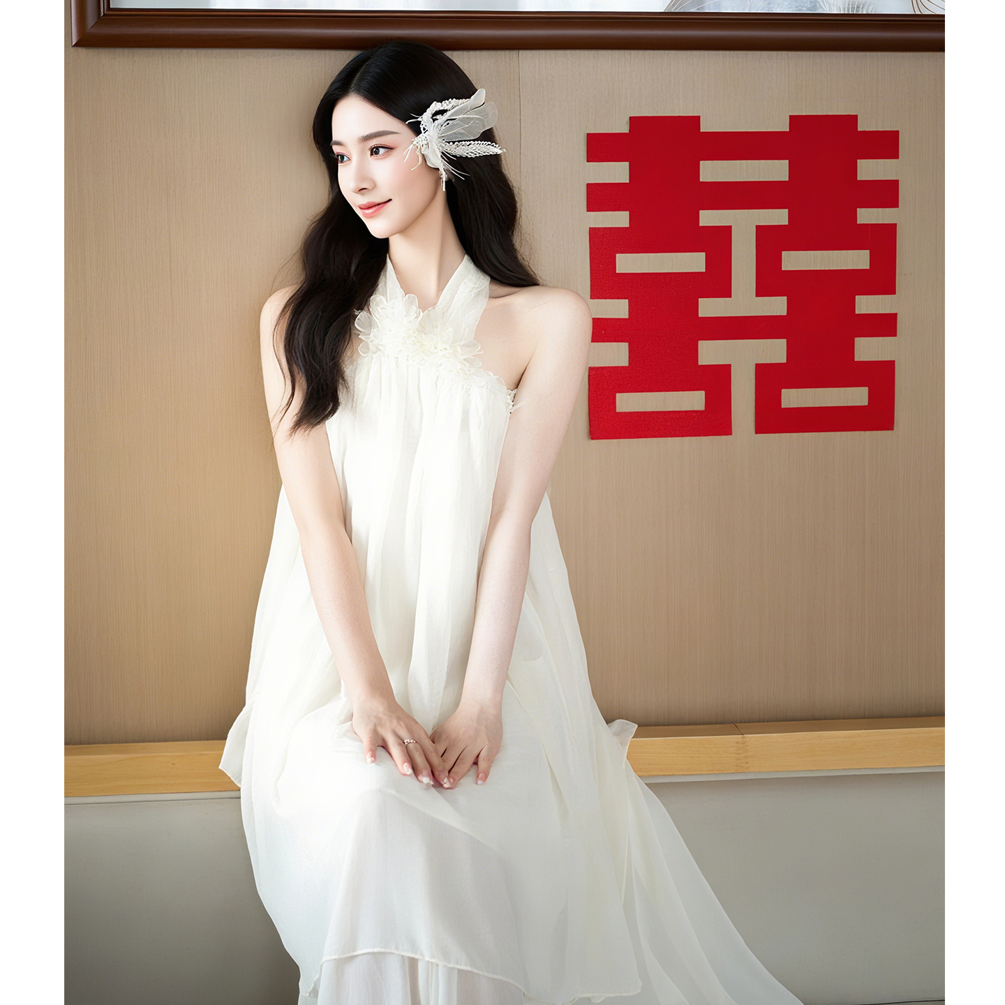欢喜橙/晨袍新娘敬酒服高级感小众出门轻婚纱白色领证登记小礼服