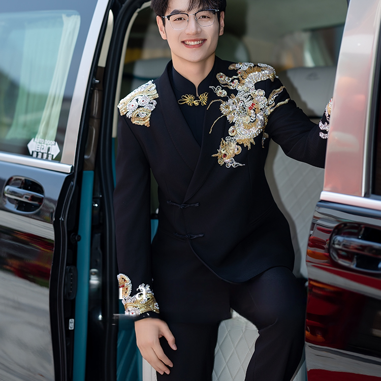 欢喜橙新中式男士婚服2025新款秀禾服西服龙纹刺绣新郎结婚礼服男