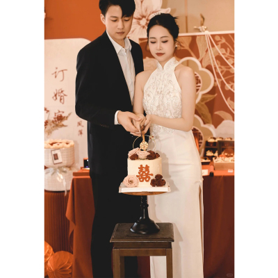 新中式晨袍女新娘婚礼晨拍礼服气质旗袍白色立领修身连衣裙女宴会