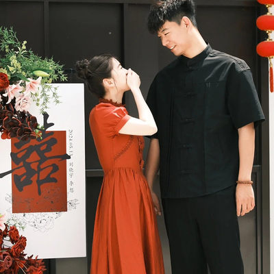 欢喜橙【玄逸】新中式订婚男装衬衫外套登记领证短袖衬衣国风盘扣