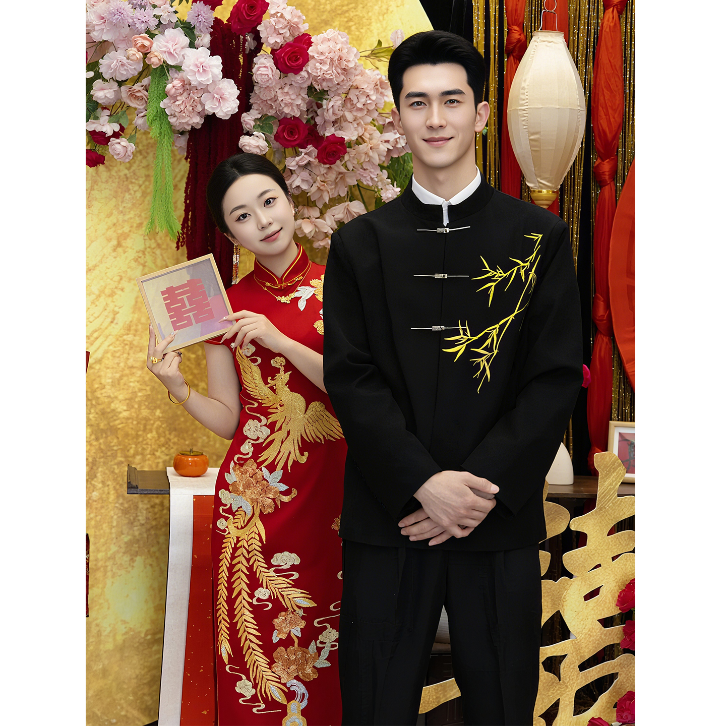 欢喜橙/竹叶刺绣原创正版婚宴礼服新中式国风男士板正敬酒服套装