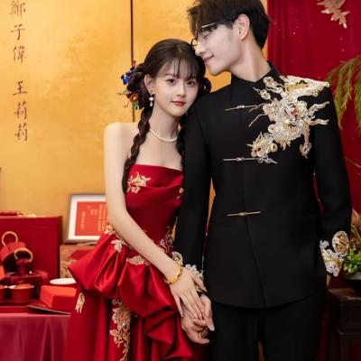 新中式中山装男士结婚高端轻奢订婚新郎中式礼服立领西装龙纹刺绣