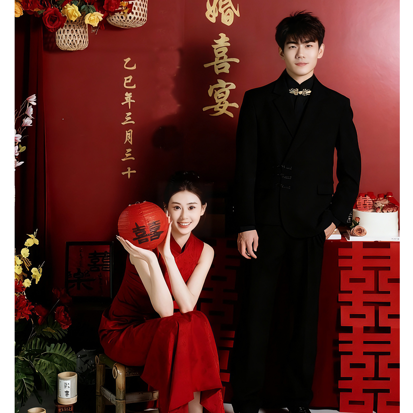 欢喜橙/男士订婚礼服新款黑色新中式西服结婚新郎婚礼接亲婚服男