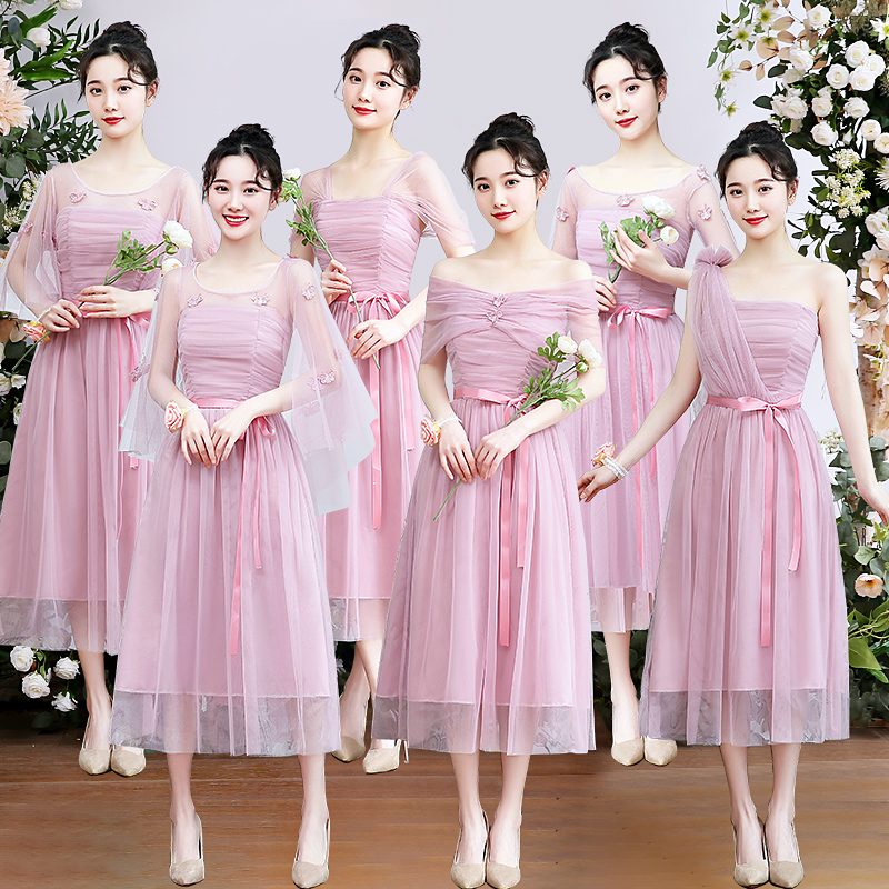 伊莎贝尔伴娘礼服女2019新款中长款小个子姐妹团裙简单气质学生秋限8000张券