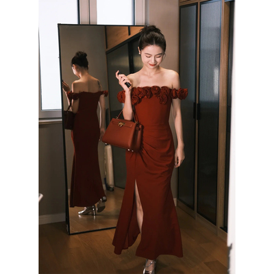抹胸敬酒服新娘新款酒红色轻奢小众法式结婚订婚气质晚宴礼服裙女