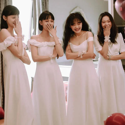 欢喜橙【雪瑞】绝美白色缎面伴娘服连衣裙日常可穿姐妹团礼服裙夏