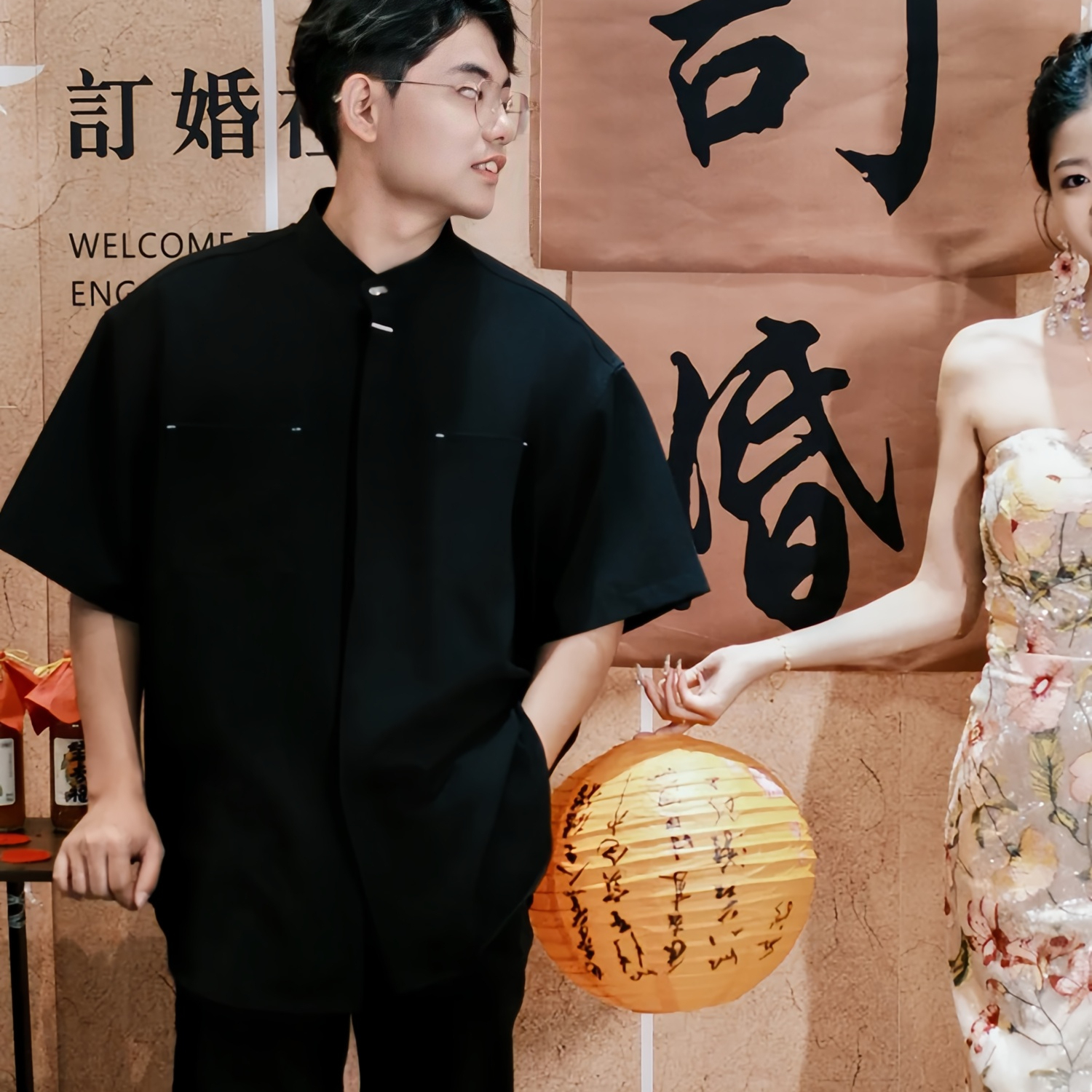 欢喜橙【轩墨】男士订婚上衣休闲宽松衬衫外套黑色高级感痞帅夏季