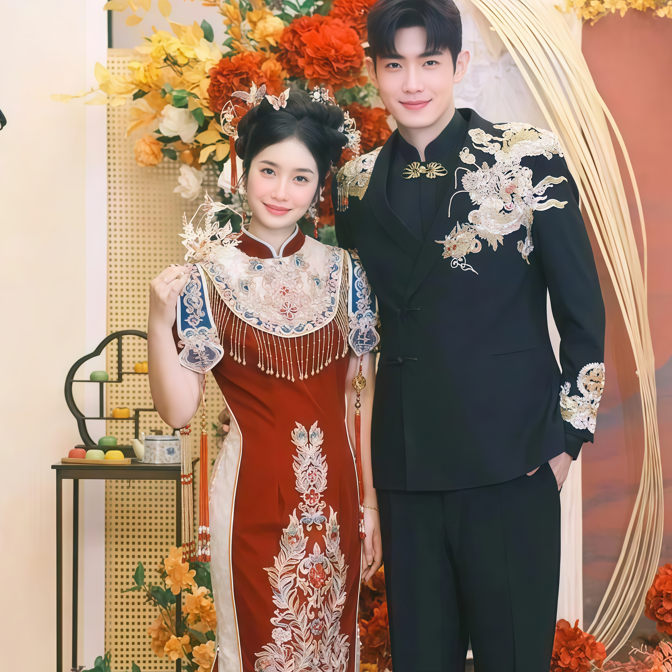 欢喜橙 2025新款新中式盘扣龙纹刺绣西装男套装订婚新郎结婚礼服