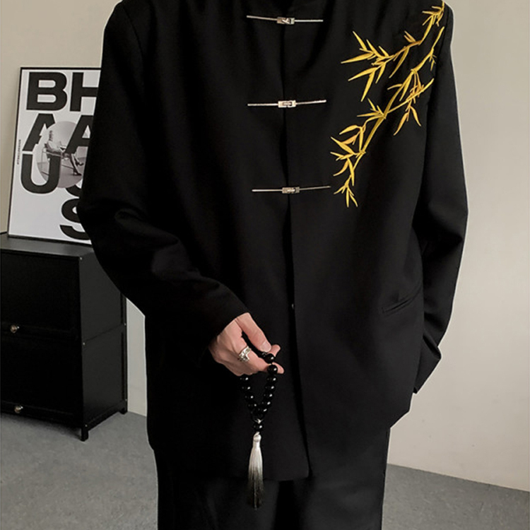 明星同款 新中式男士订婚套装国风立领中山装金竹刺绣成人礼西装