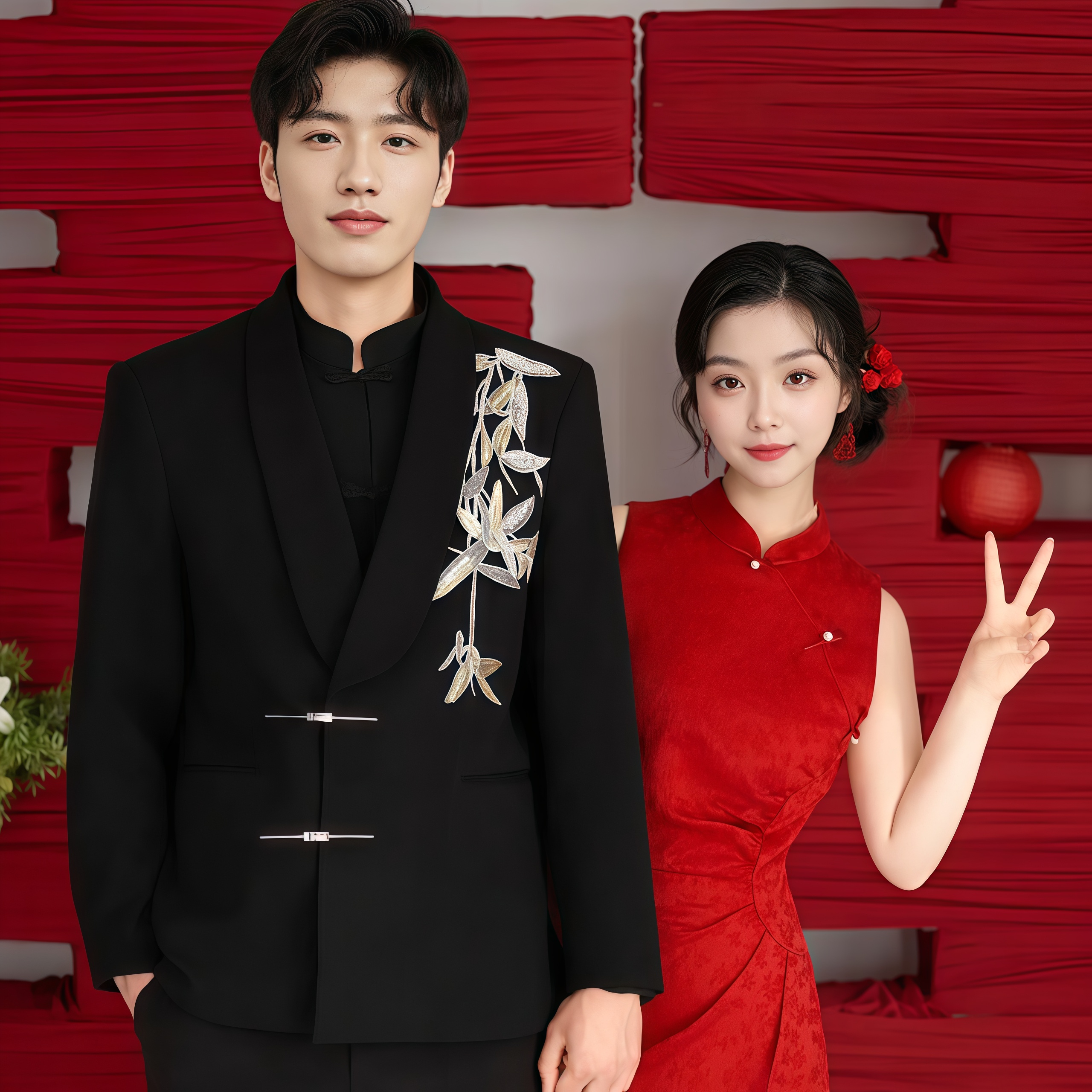 欢喜橙 男士订婚结婚高级感新中式礼服设计感V领盘扣西装国风套装
