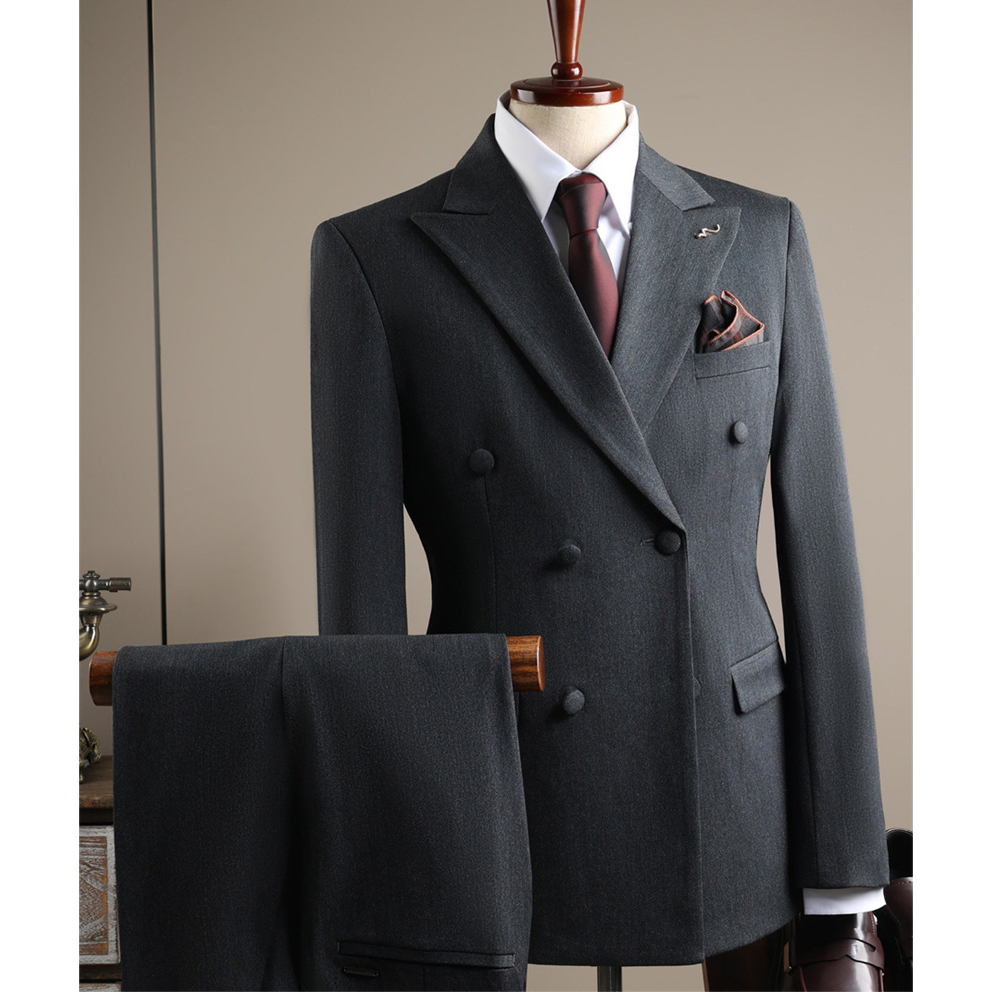 欢喜橙/绵羊毛三件套西服套装双排扣休闲男西装新郎结婚伴郎礼服